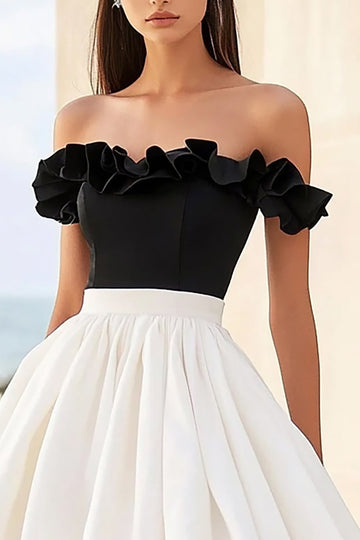 White and Black Ruffled Off the Shoulder Midi Graduation Dress